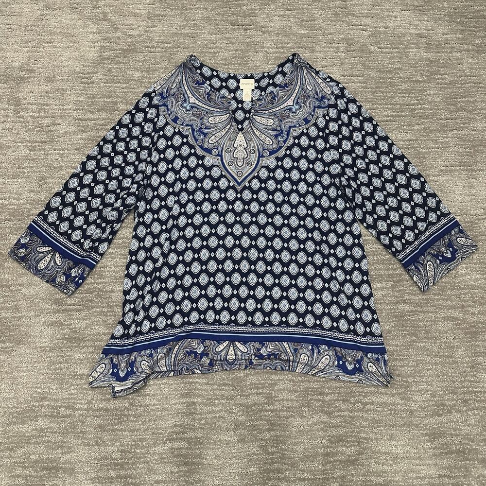 Chico's Shirt Womens 3 Blue Paisley Medallion Border 3/4 Sleeve Tunic Top